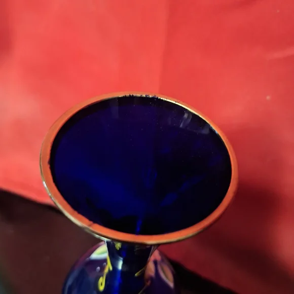 Vintage Bohemian Cobalt Blue Bud Vase – Hand-Painted Gold & Floral – 8" - Picture 6 of 11